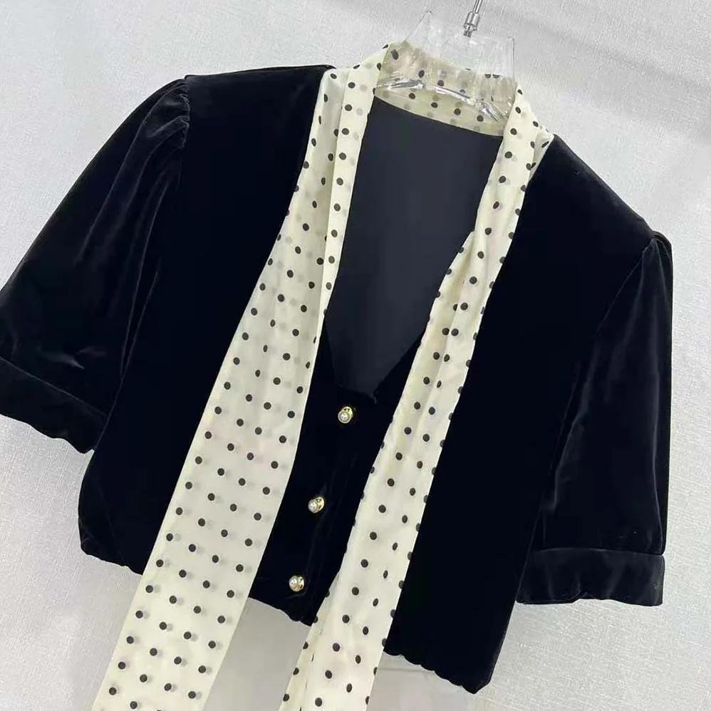 Miu Miu Scarf Collar Velvet Top for Women in Black Miu Miu Scarf Collar Velvet Top for Women in Black
