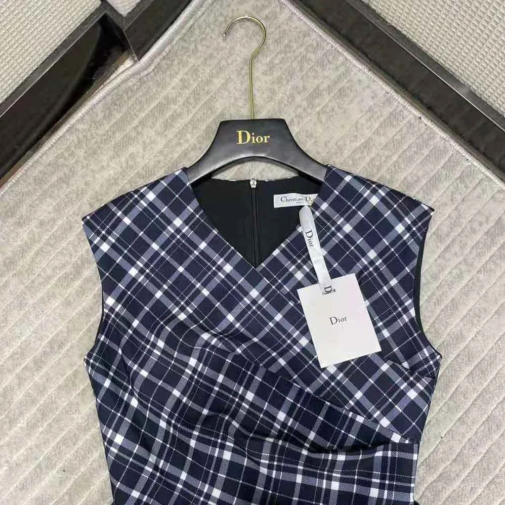 Dior Short Wrap-Over Dress Navy Blue Check'n'Dior Pop Wool Twill for Women Dior Short Wrap-Over Dress Navy Blue Check'n'Dior Pop Wool Twill for Women