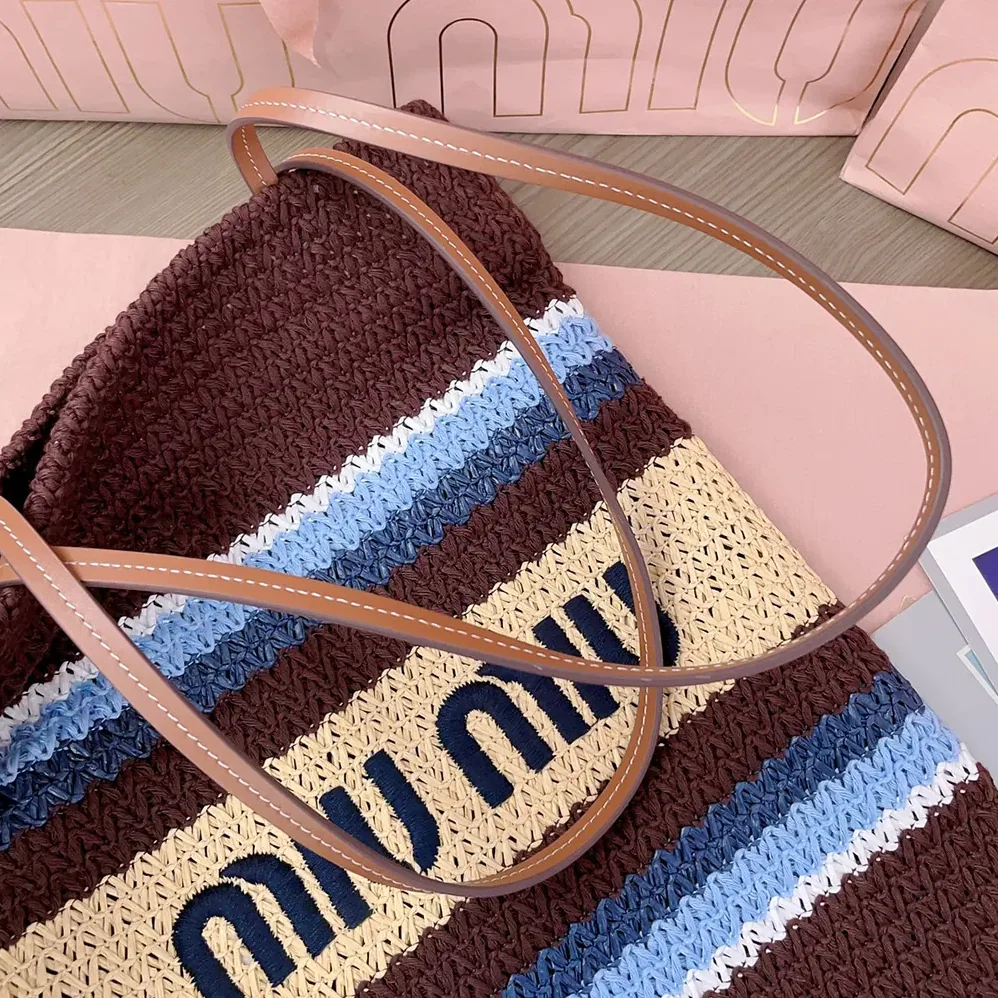 Miu Miu Raffia-Effect Woven Tote Bag for Women in Cocoa Brown/Celeste/Natural