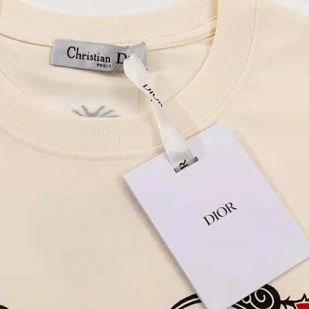 Dior T-Shirt Ecru Cotton Jersey and Linen with Dior Bandana Motif for Women