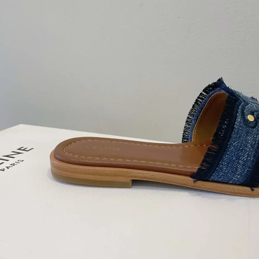 Celine Marina Fringed Mule in Denim for Women in Navy Celine Marina Fringed Mule in Denim for Women in Navy