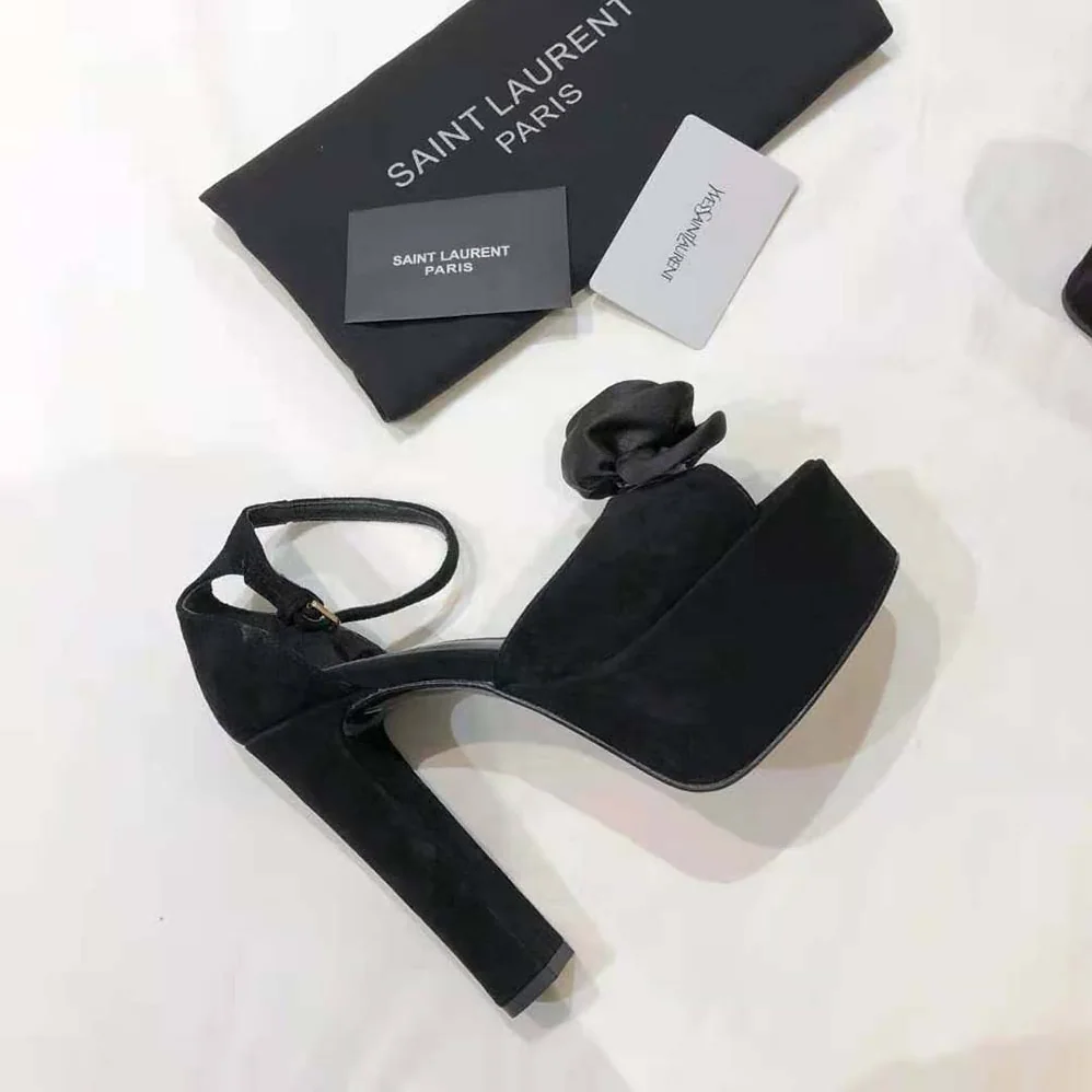 Saint Laurent YSL Jodie Platform Sandals in Suede with Silk Satin Flower for Women in Black Saint Laurent YSL Jodie Platform Sandals in Suede with Silk Satin Flower for Women in Black