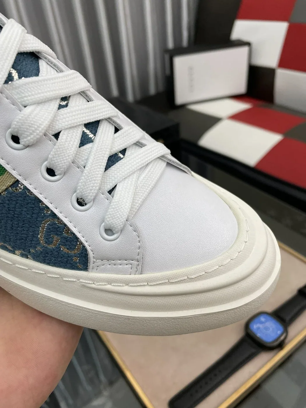 Gucci GG Embroidery Sneaker With Web White And Blue for Men