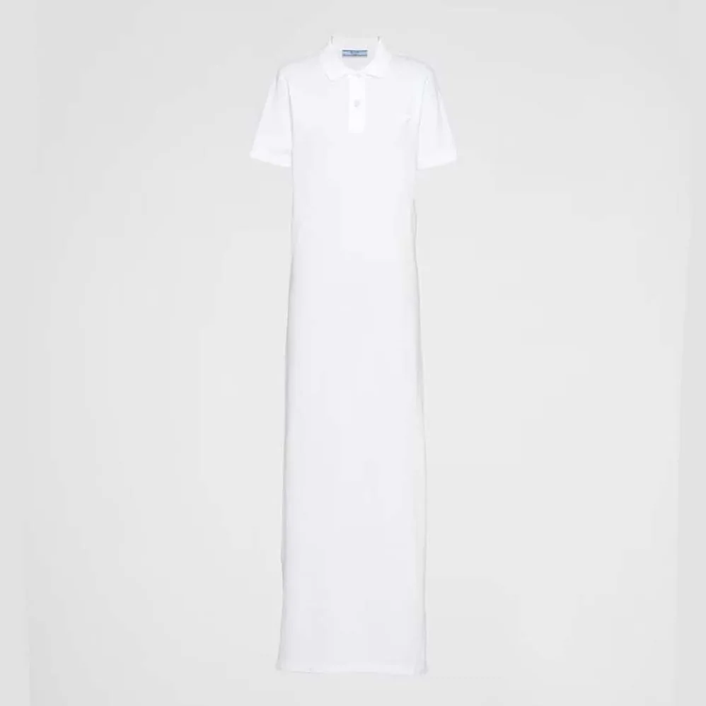 Prada Piqué Midi-dress with Fabric Triangle Logo for Women in White