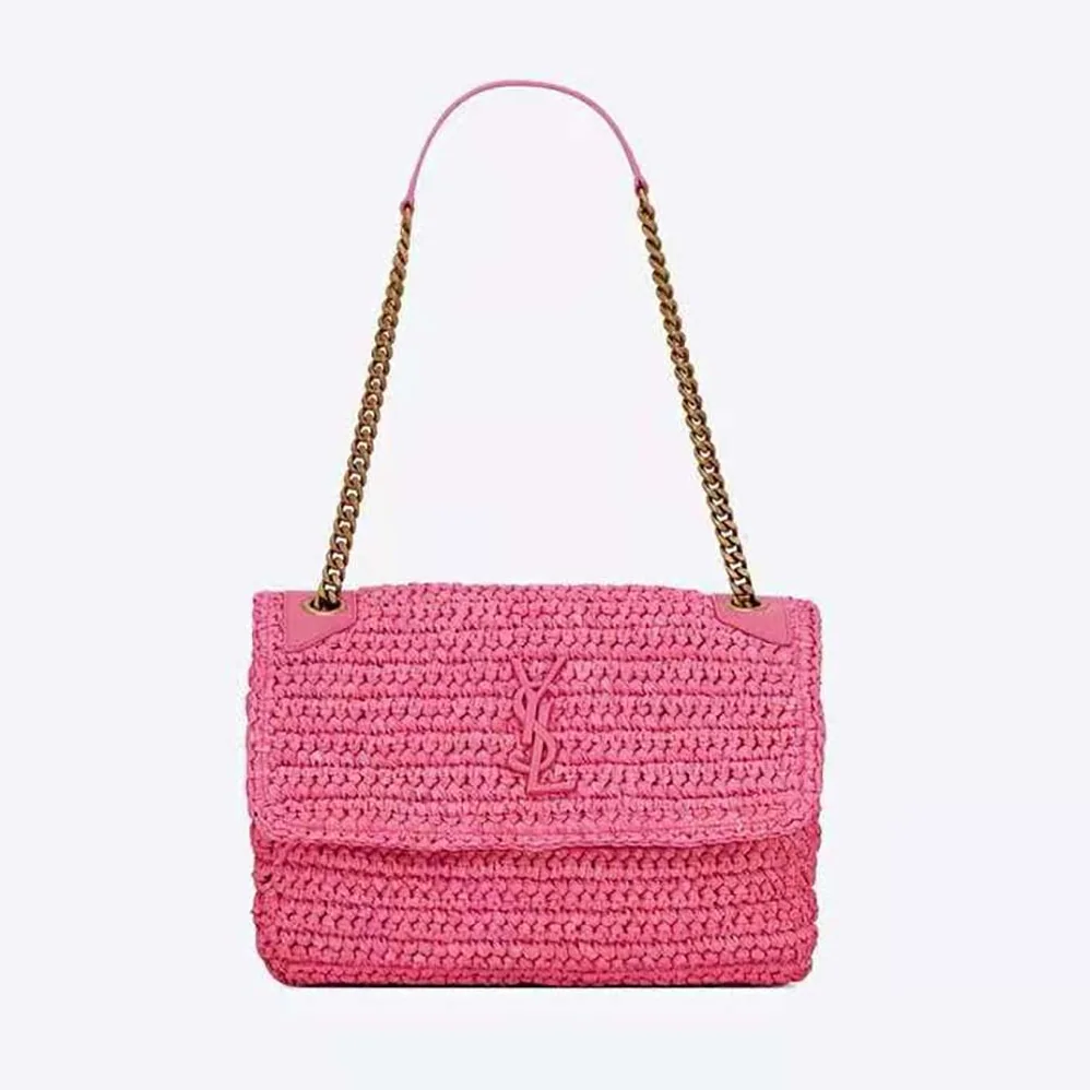 Saint Laurent YSL Niki Medium Chain Bag in Raffia and Leather for Women in Pink Saint Laurent YSL Niki Medium Chain Bag in Raffia and Leather for Women in Pink