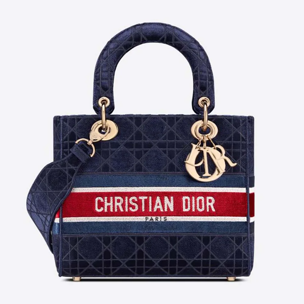 Dior Medium Lady D-lite Bag Blue Velvet Cannage Embroidery for Women Dior Medium Lady D-lite Bag Blue Velvet Cannage Embroidery for Women