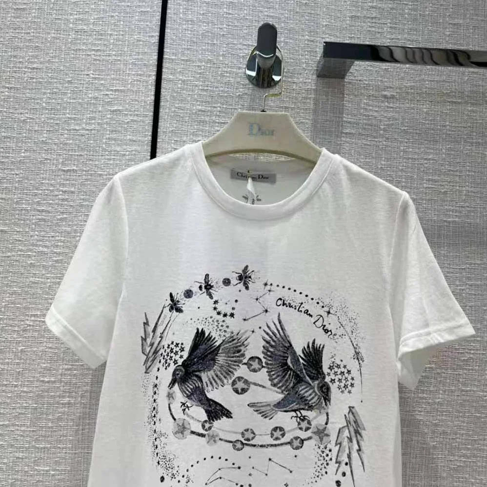 Dior T-shirt White Cotton Jersey and Linen with Black Gemini Motif for Women