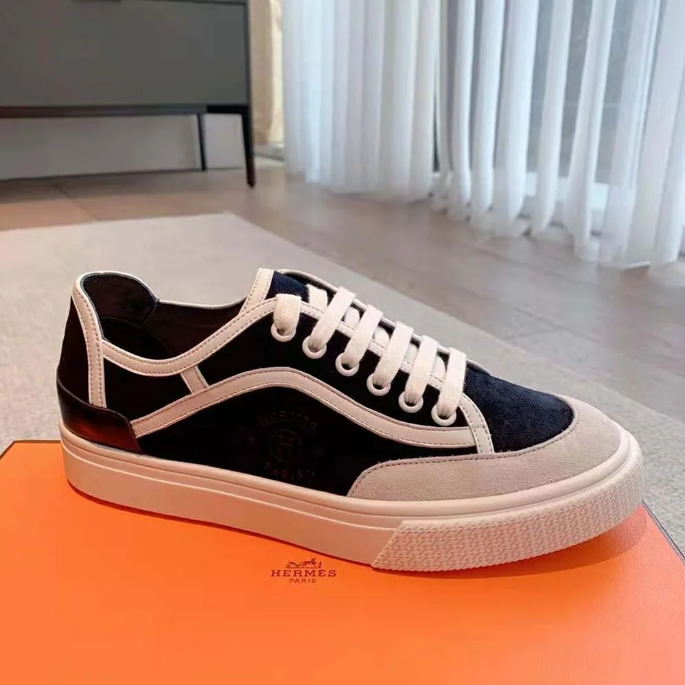 Hermes Get Sneaker in Suede Goatskin and Calfskin with Signature “Hermès Paris” Stencil for Unisex in Black