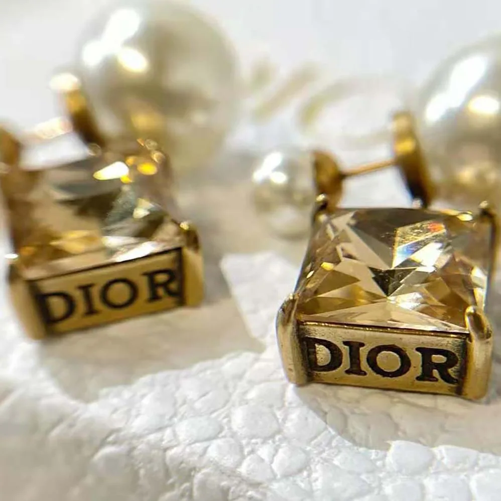 Dior Tribales Earrings Antique Gold-Finish Metal with White Resin Pearls and Citrine for Women