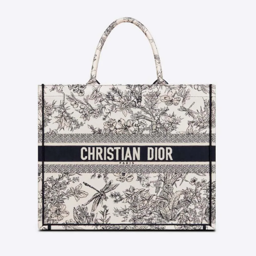 Dior Large Dior Book Tote Blue Toile de Jouy Flowers Embroidery for Women