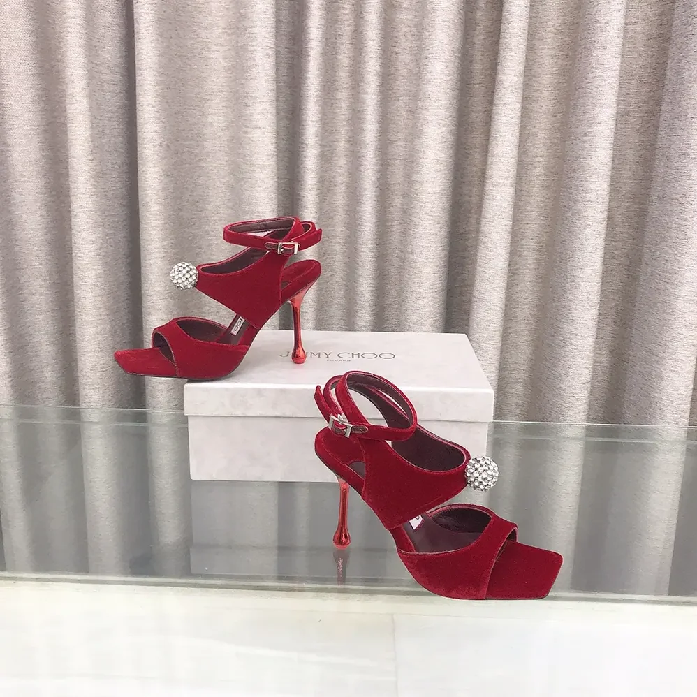 Jimmy Choo Orb 95 Ruby Red Velvet Sandals for Women