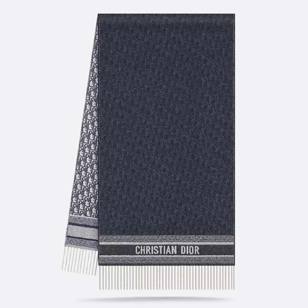 Dior Oblique Scarf Ecru and Navy Blue Cashmere for Unisex Dior Oblique Scarf Ecru and Navy Blue Cashmere for Unisex