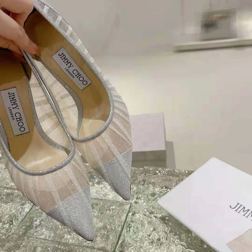Jimmy Choo Love 85 Metallic Silver Glitter Fabric Pumps with Ivory Tulle Overlay for Women Jimmy Choo Love 85 Metallic Silver Glitter Fabric Pumps with Ivory Tulle Overlay for Women