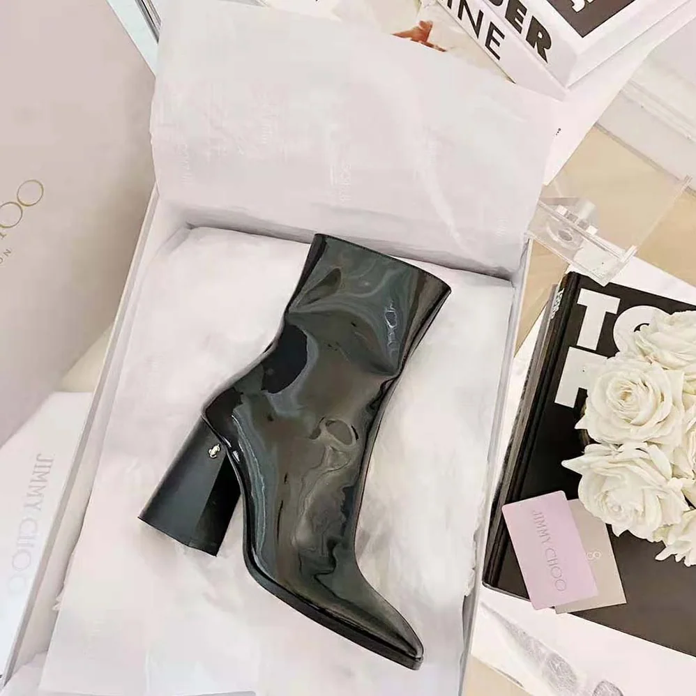 Jimmy Choo Bryelle 85 Black Naplack Block Heel Ankle Boots with JC emblem for Women Jimmy Choo Bryelle 85 Black Naplack Block Heel Ankle Boots with JC emblem for Women