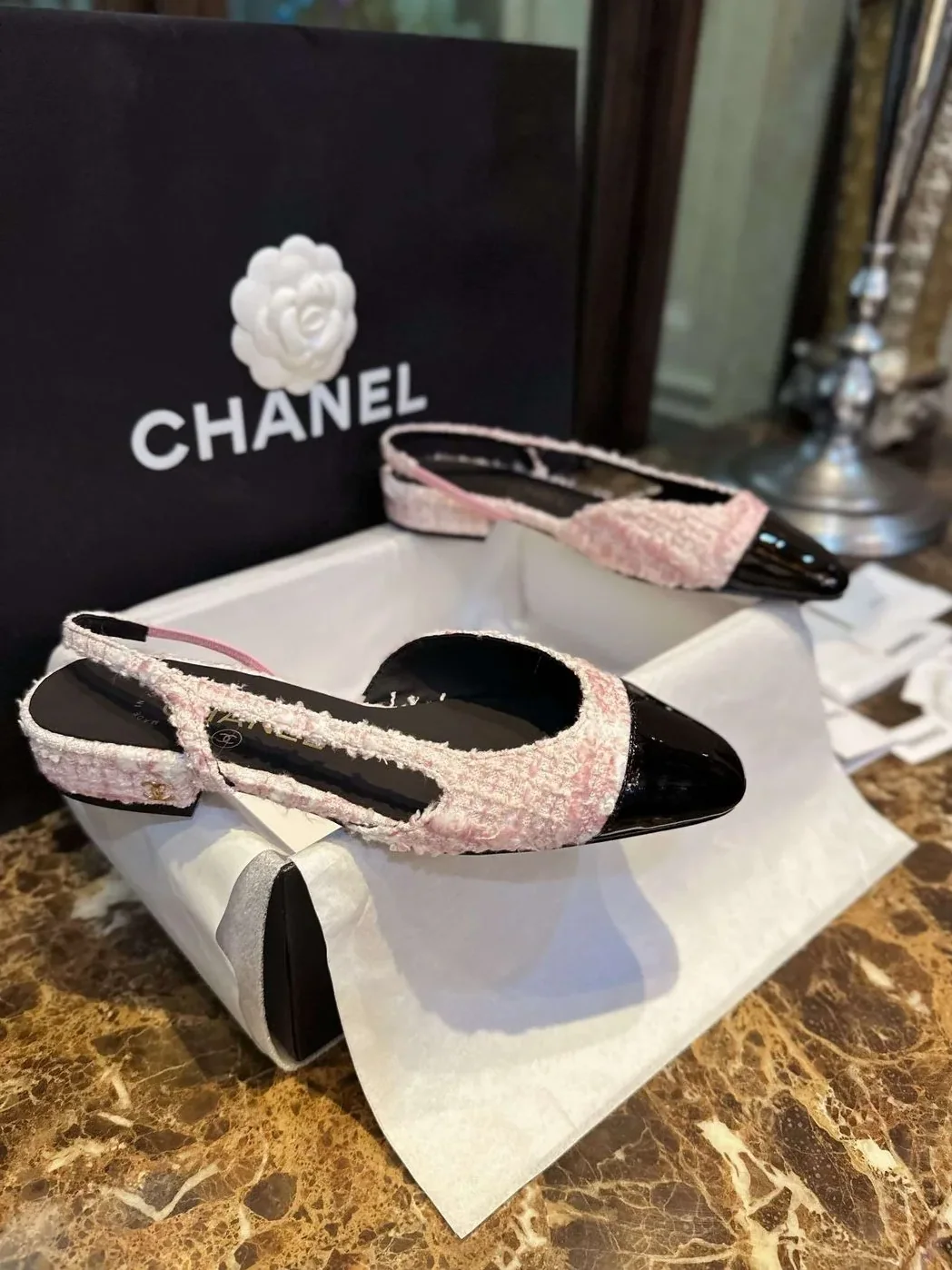 Chanel Sling Back Tweed Sandals Pink