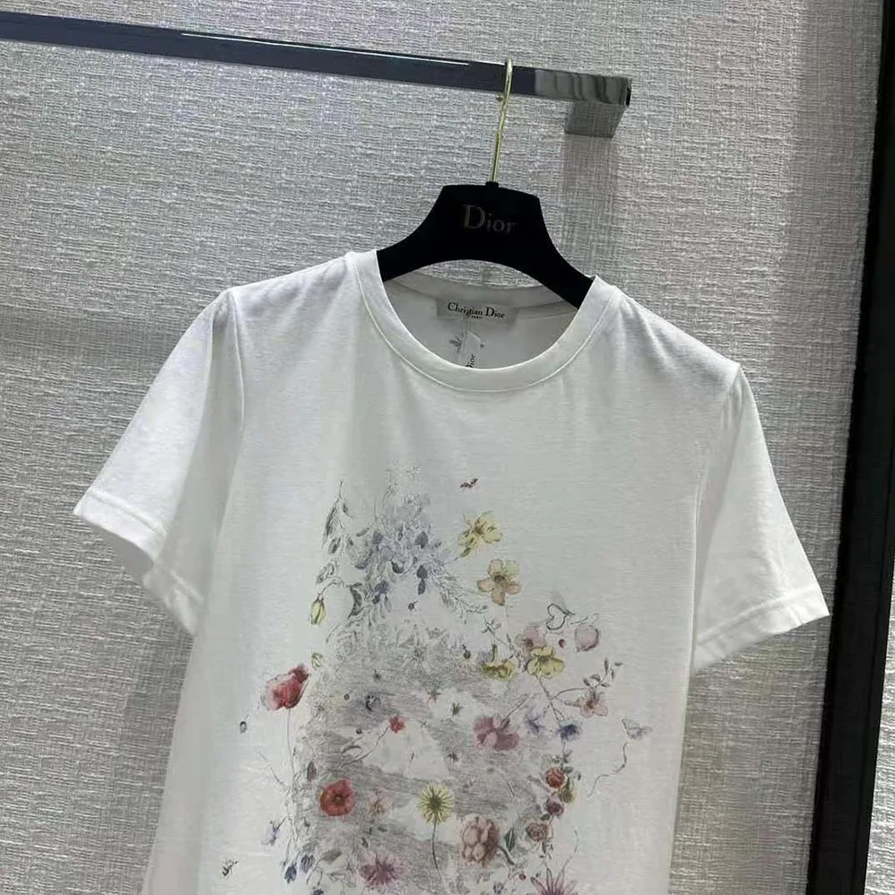 Dior T-shirt White Cotton and Linen Jersey with Red Multicolor Florilegio Motif for Women