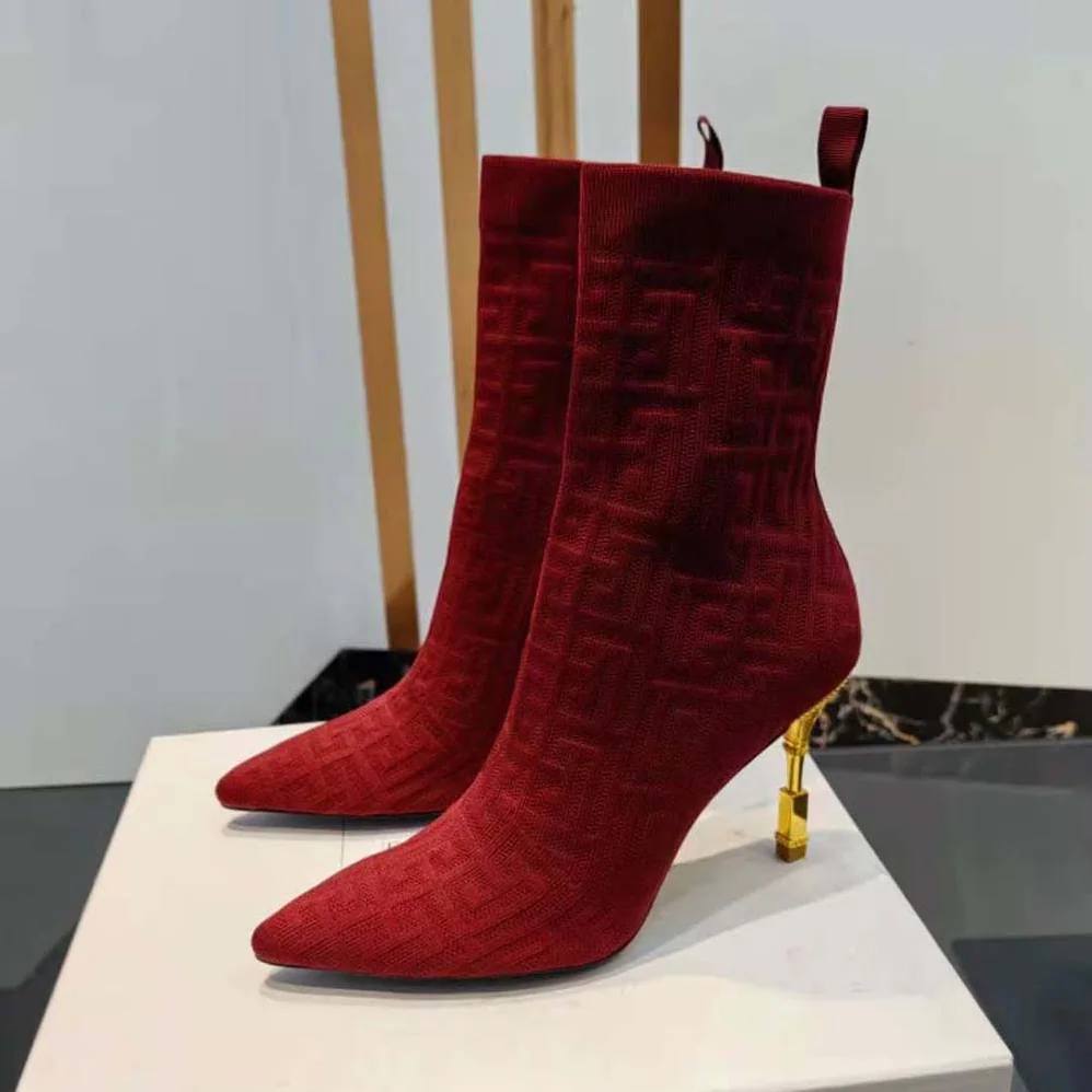 Balmain Moneta Monogrammed Knit Ankle Boots with Engraved Heel for Women in Red