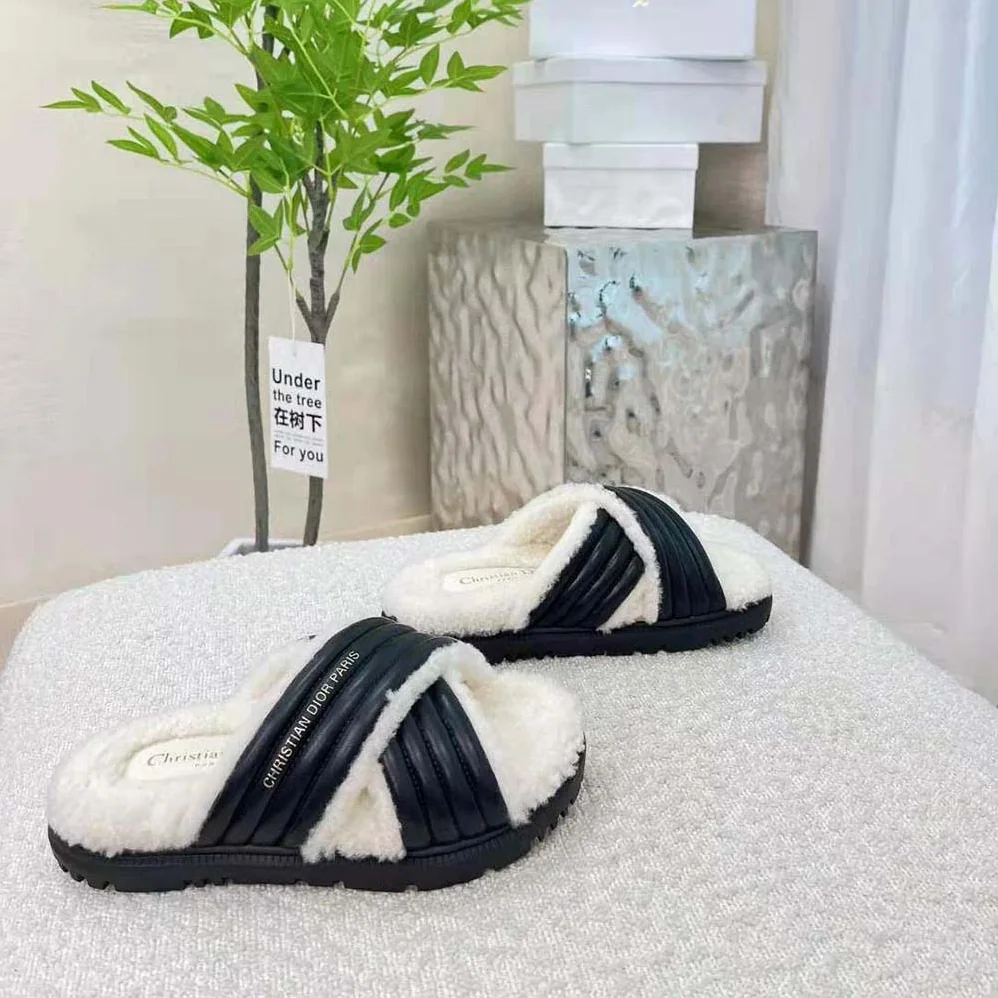 Dior D-Cross Slide Black Lambskin and White Shearling for Women