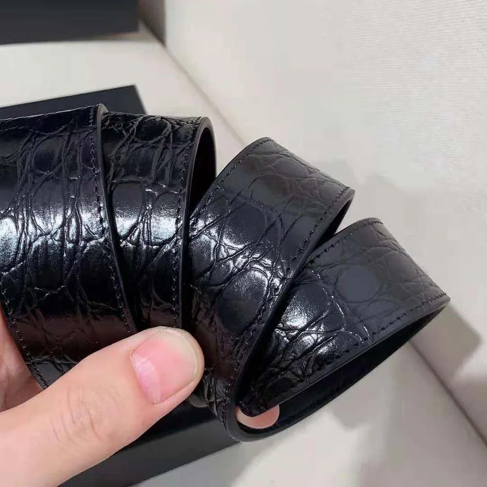 Saint Laurent YSL Double Buckle Belt in Crocodile for Women in embossed Leather