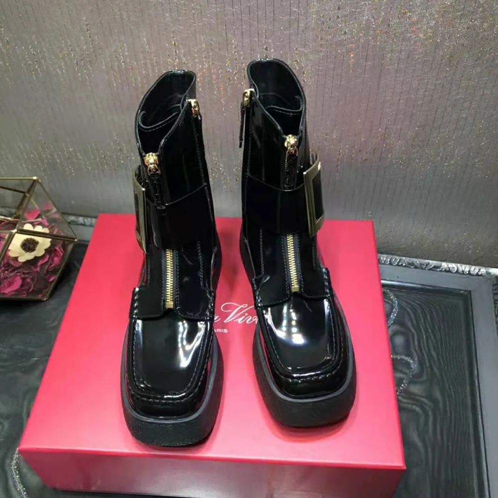 Roger Vivier Viv Rangers Platform Metal Buckle Boots in Leather for Women