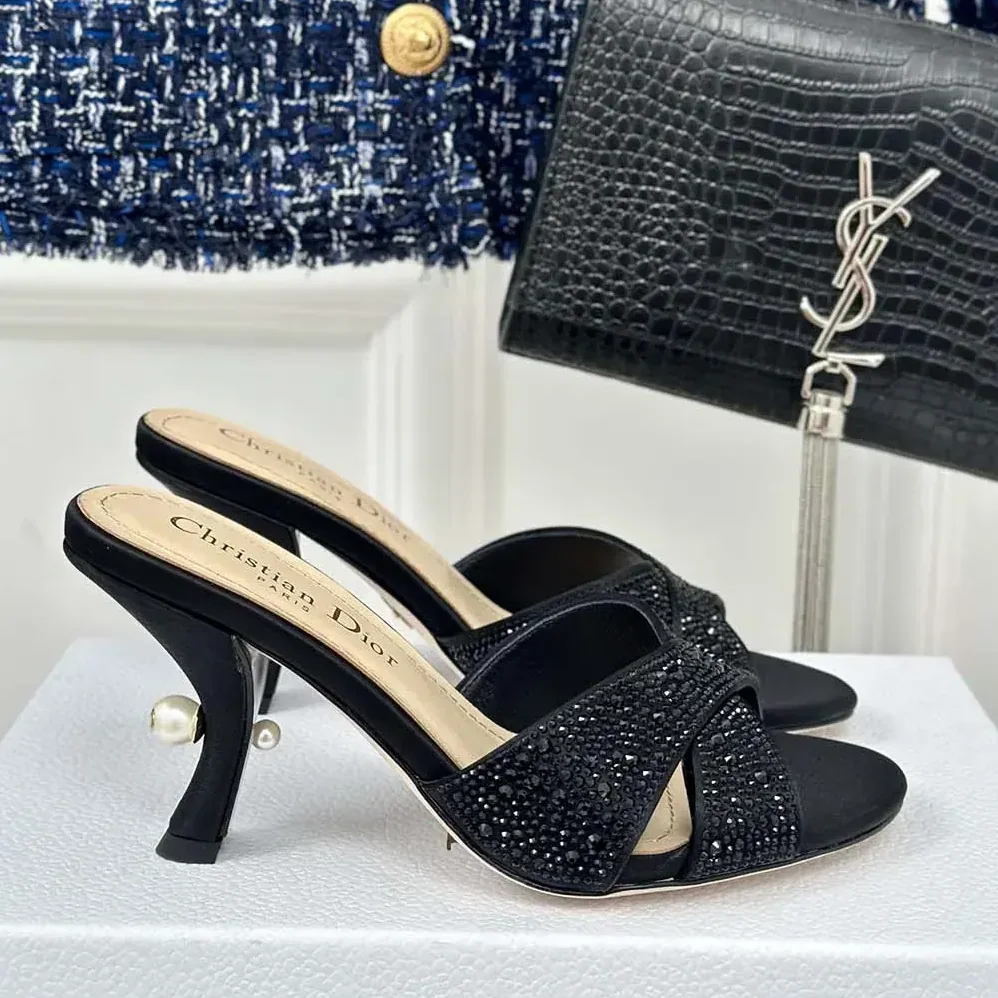 Dior Dior Tribales Heeled Slide Black Suede Calfskin and Strass for Women