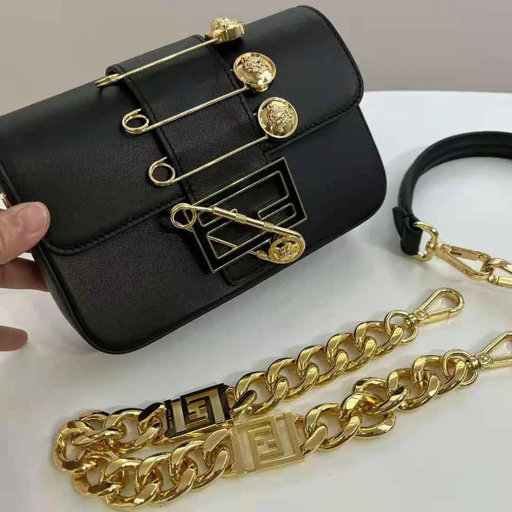 Fendi Brooch Mini Baguette Fendace Black Leather Bag for Women Fendi Brooch Mini Baguette Fendace Black Leather Bag for Women