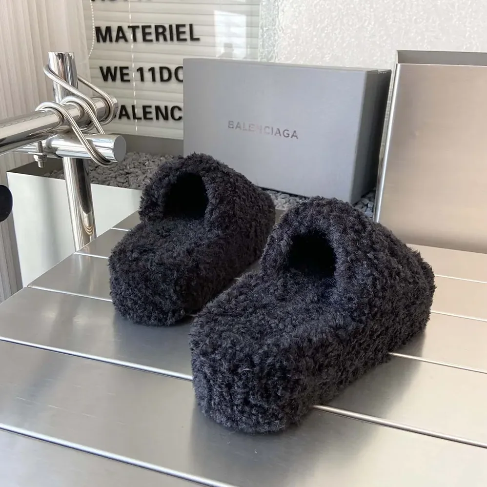 Balenciaga Furry Platform Sandal in Black Fake Shearling for Women Balenciaga Furry Platform Sandal in Black Fake Shearling for Women