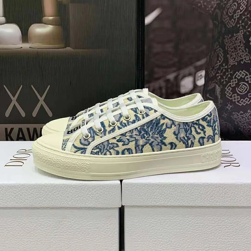 Dior Walk'N'Dior Sneaker Duck Blue Dior Brocart Embroidered Cotton with Gold for Women in Tone Metallic Thread
