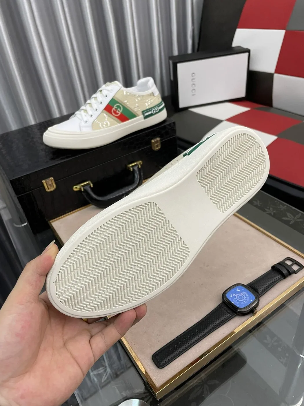 Gucci GG Embroidery Sneaker With Web White And Beige for Men