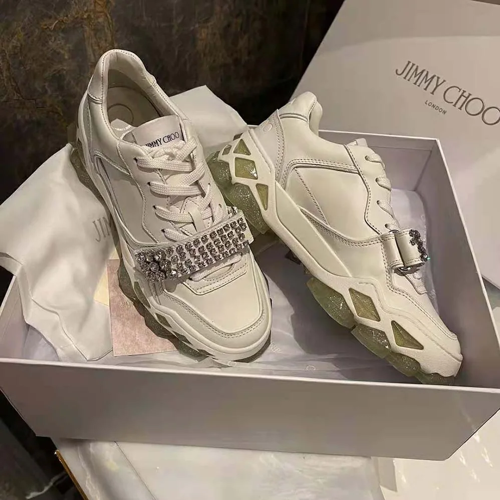 Jimmy Choo Diamond X Strap/F White Calf Leather Low Top Trainers with Crystal Strap for Women