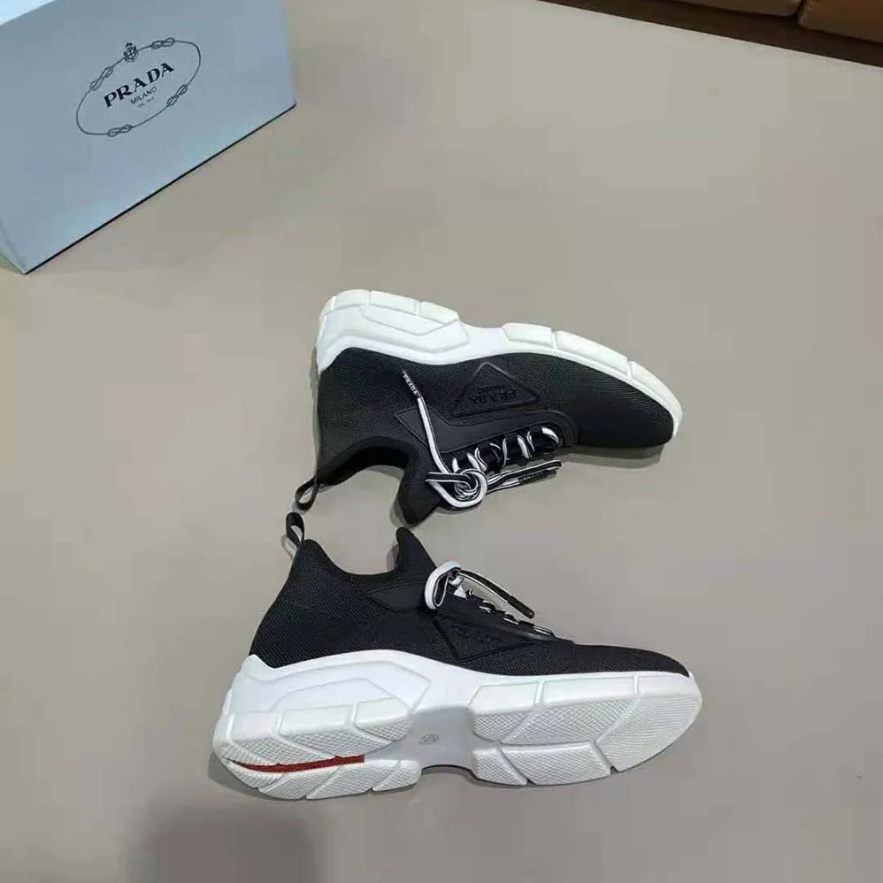 Prada The Triangle Logo Decorates These Knit Fabric Sneakers for Women in Black