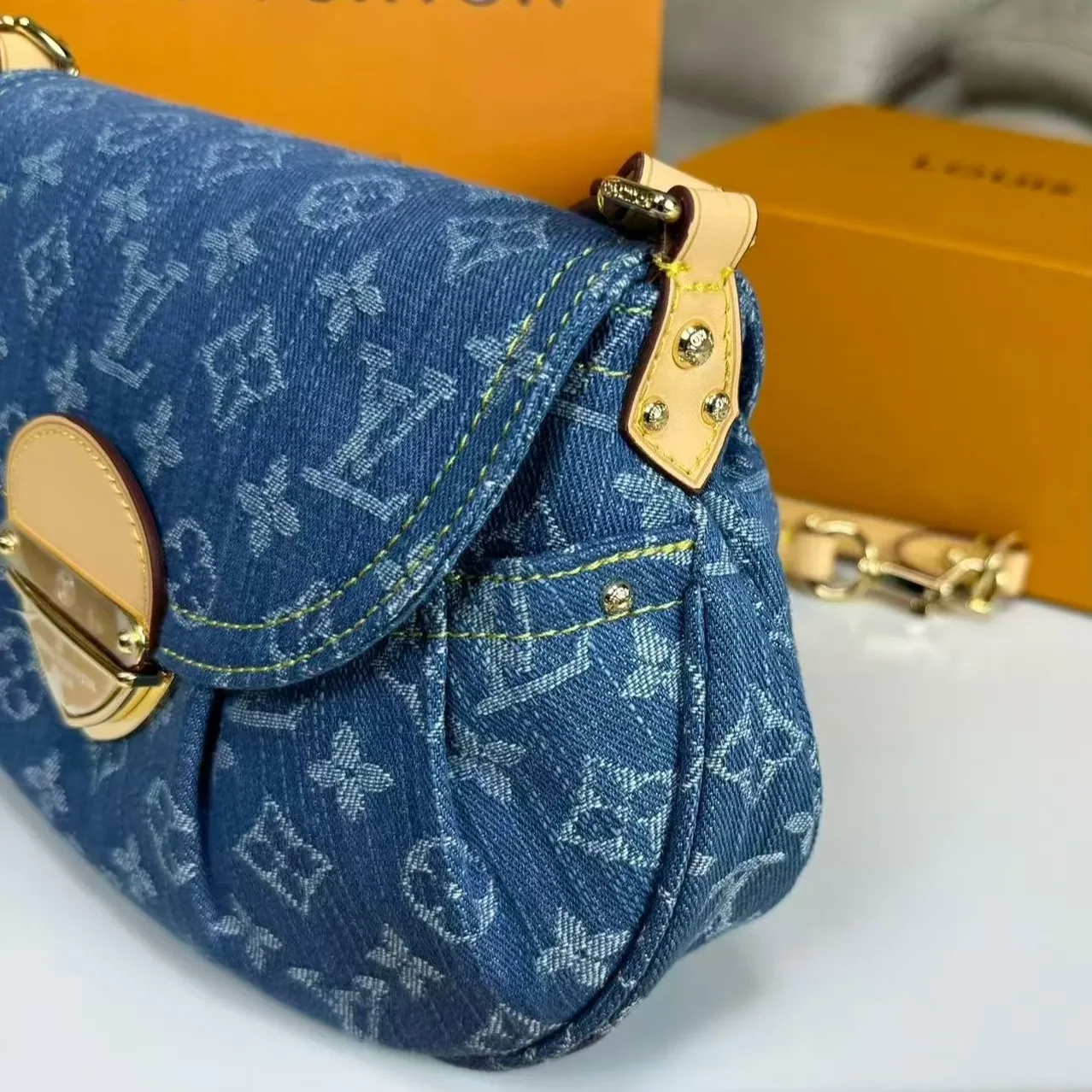Louis Vuitton Sunset Shoulder Bag in Blue Denim Gold Hardware Louis Vuitton Sunset Shoulder Bag in Blue Denim Gold Hardware