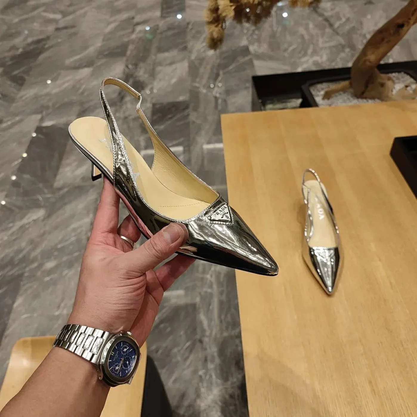 Prada Slingback Spike Pumps Silver