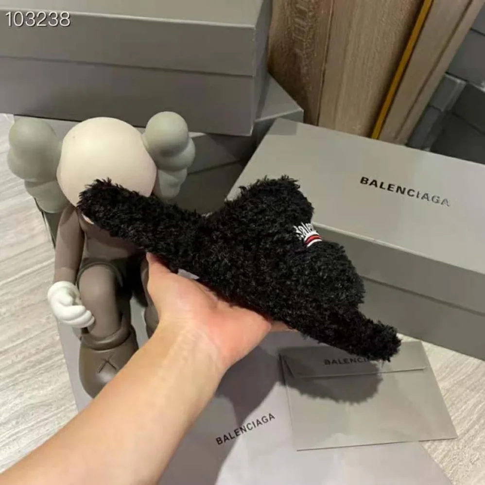 Balenciaga Furry Slide Sandal in Black Fake Shearling white Political Campaign Embroideries for Women