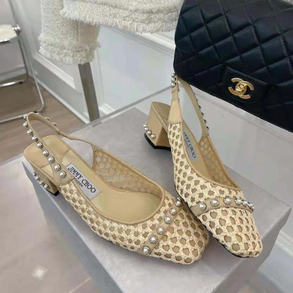 Jimmy Choo Hya 45 Barley Woven Raffia Slingbacks with Pearl Studs for Women