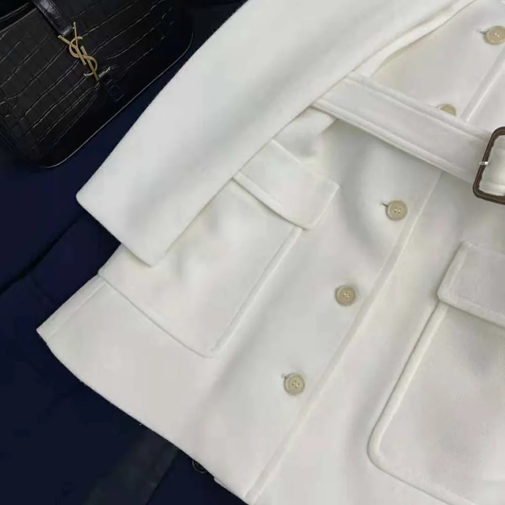 Saint Laurent YSL Long Belted Jacket in Wool Jersey for Women in White