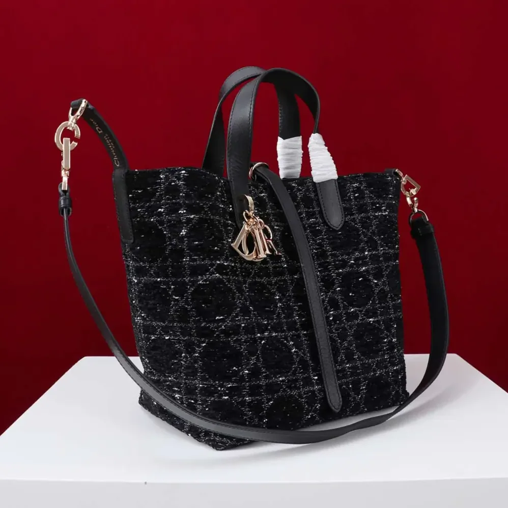 Dior Medium Dior Toujours Vertical Tote Bag Black Tweed with White Cannage Motif for Women Dior Medium Dior Toujours Vertical Tote Bag Black Tweed with White Cannage Motif for Women