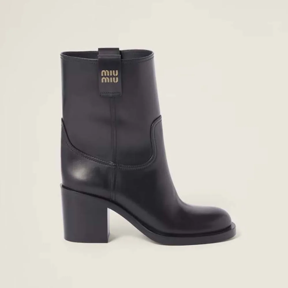 Miu Miu Leather Booties with Hot-stamped Logo for Women in Black