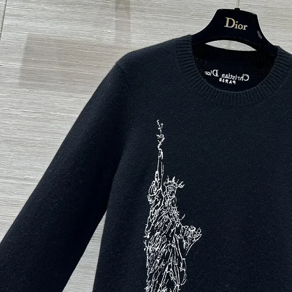 Dior Embroidered Sweater Black and White Cashmere and Silk Knit with New York Motif for Women