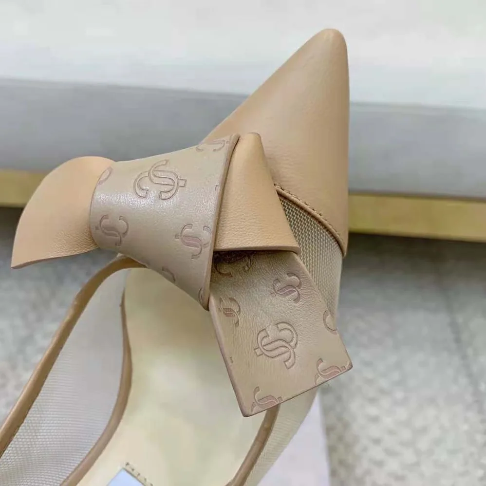 Jimmy Choo Lani 100 Caramel Mesh Pumps with JC Monogram Leather Bow for Women Jimmy Choo Lani 100 Caramel Mesh Pumps with JC Monogram Leather Bow for Women