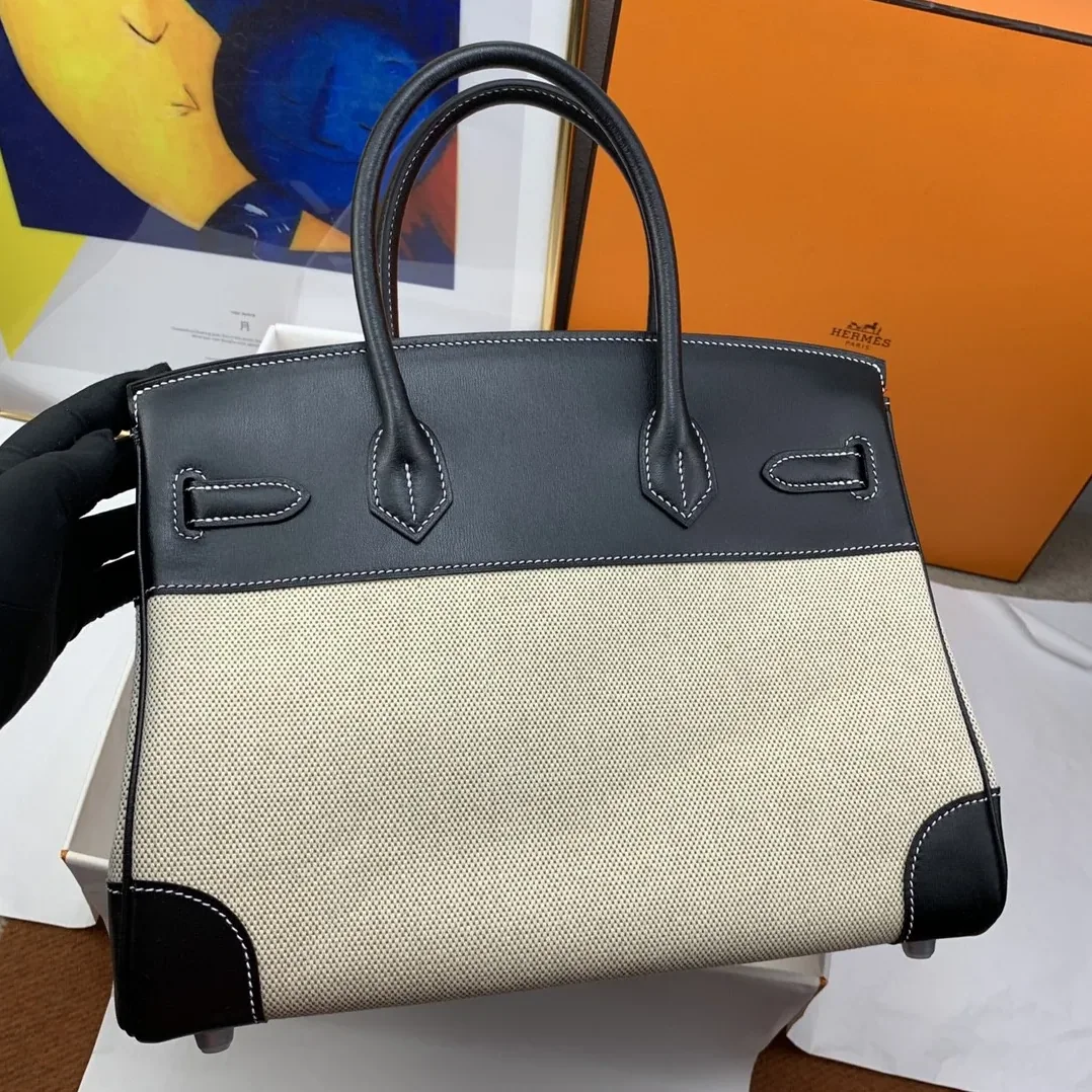 Hermes Birkin Top Handle Bag / Nata Swift BiColor Silver Hardware