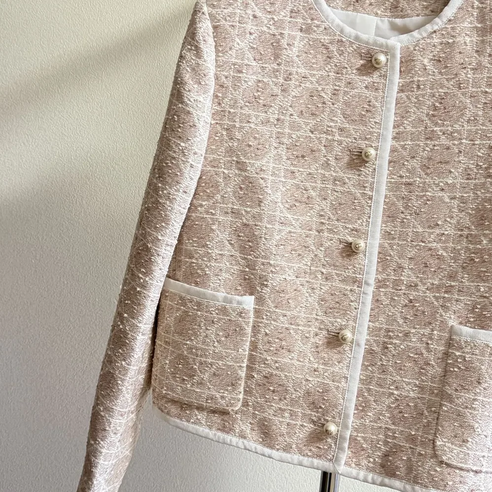 Dior Macrocannage Cropped Jacket Peach Blossom Pink Cotton for Women in Blend Tweed