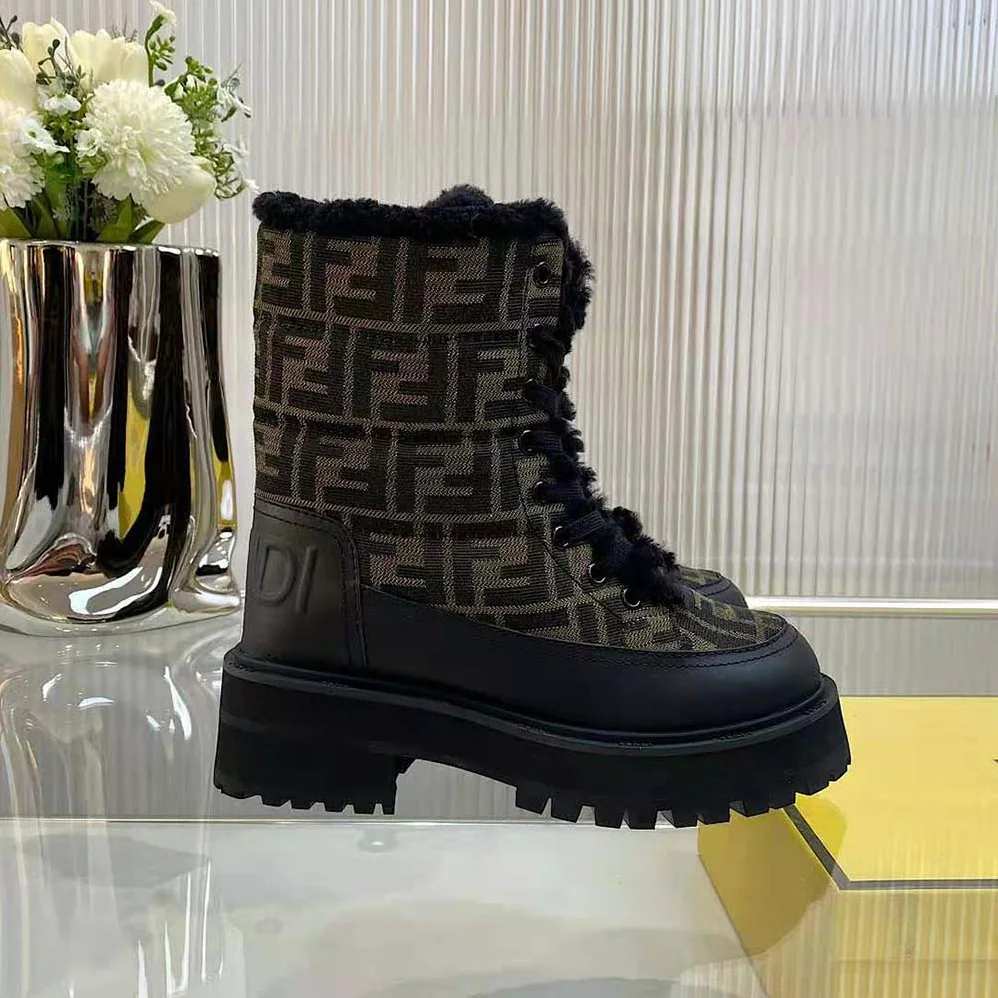 Fendi Signature Biker Boots Black Leather Biker Boots with FF Fabric for Women
