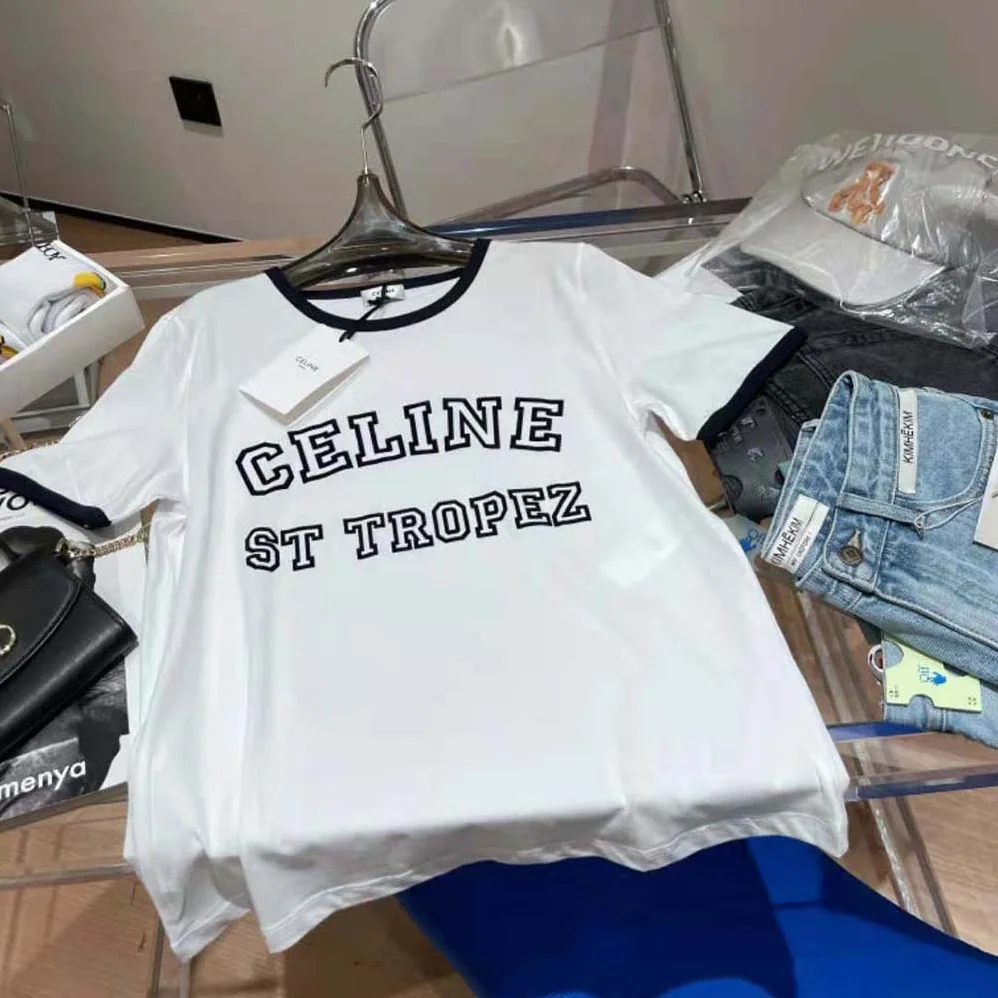 Celine Celine Paris T-shirt in Flocked Cotton Jersey for Women Celine Celine Paris T-shirt in Flocked Cotton Jersey for Women