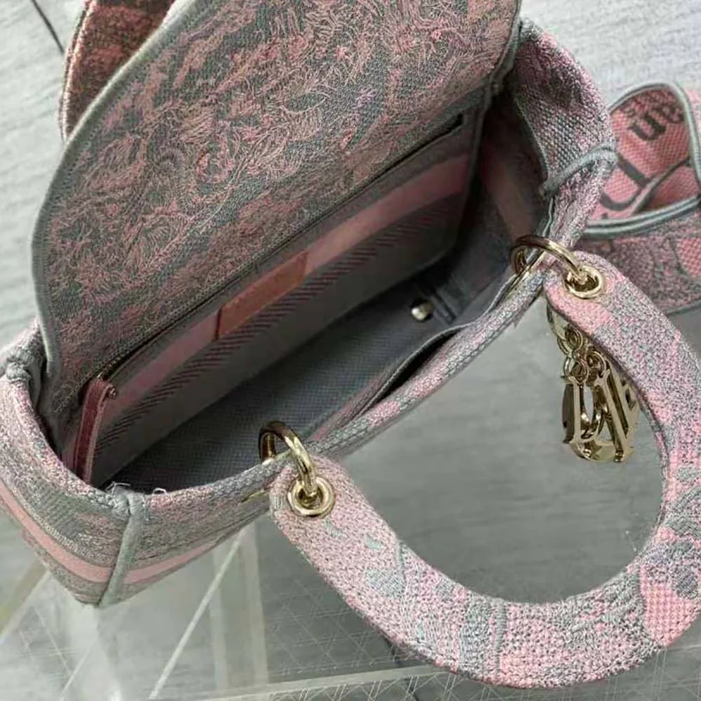 Dior Medium Lady D-lite Bag Gray and Pink Toile de Jouy Reverse Embroidery for Women Dior Medium Lady D-lite Bag Gray and Pink Toile de Jouy Reverse Embroidery for Women