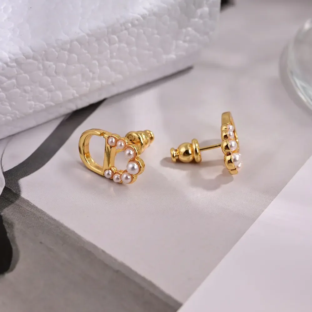 Dior Petit CD Mini Stud Earrings Gold-Finish Metal and White Resin Pearls for Women