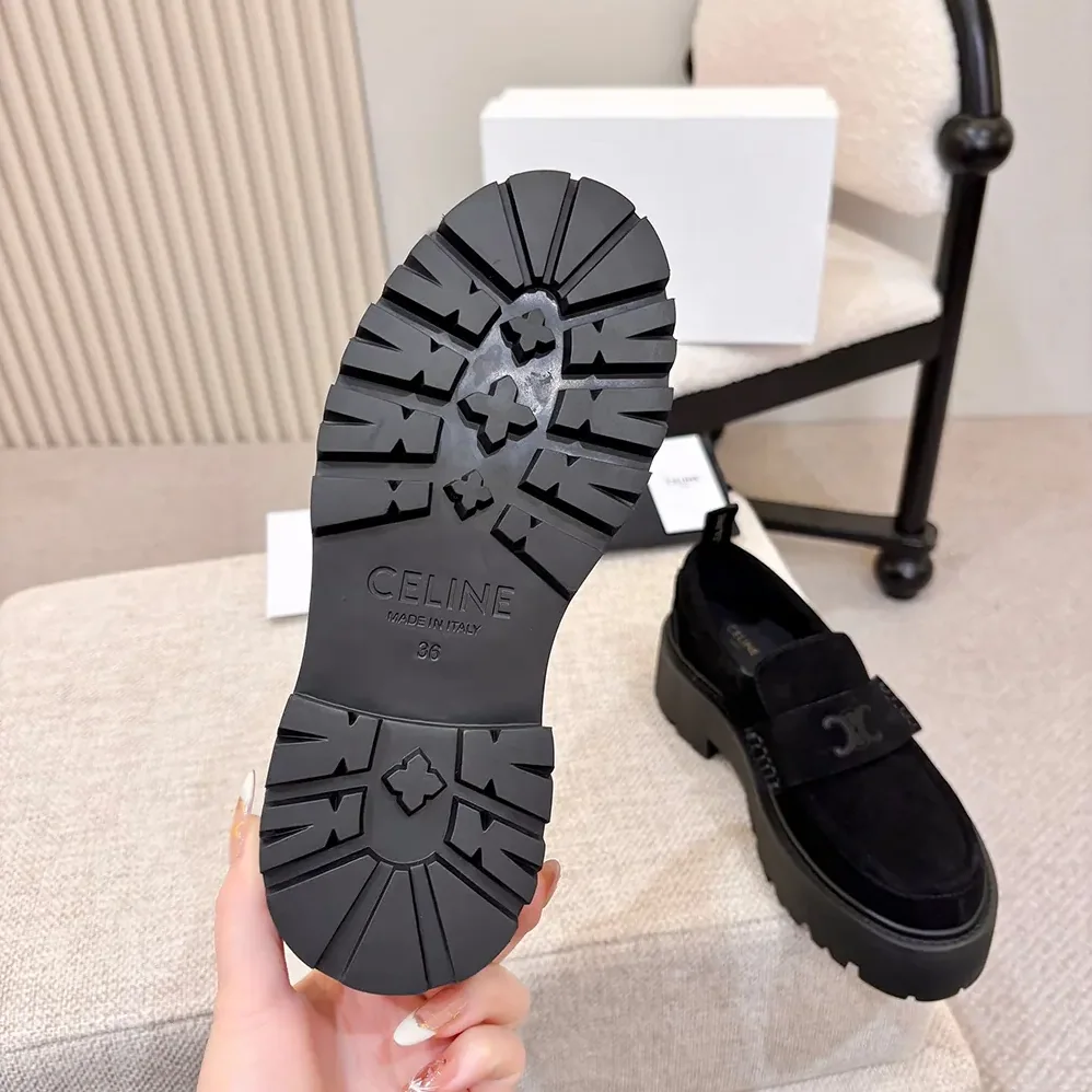 Celine Triomphe Loafers in Suede Calfskin for Women in Black Celine Triomphe Loafers in Suede Calfskin for Women in Black