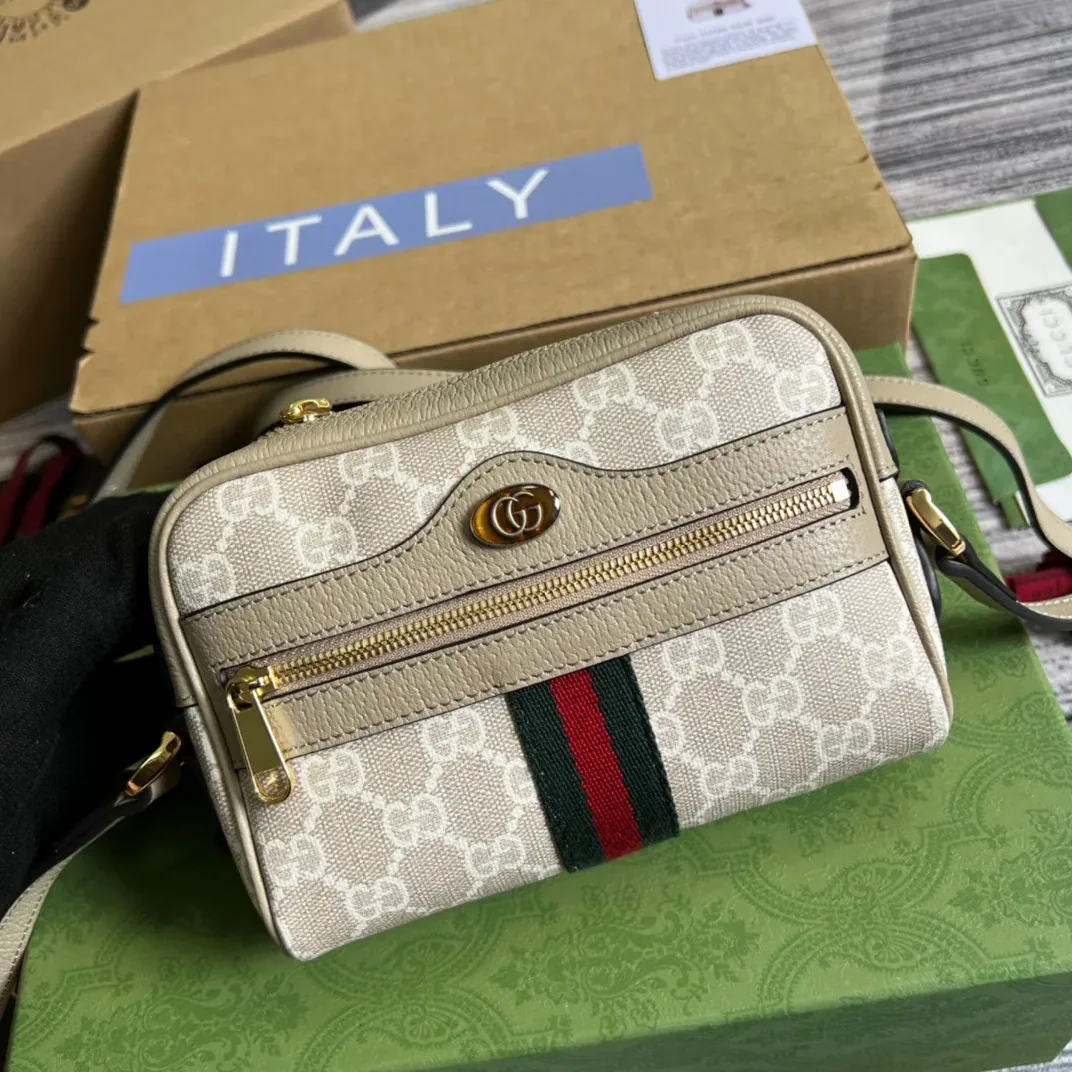 Gucci Ophidia Mini GG Bag Beige And Ebony GG Supreme Canvas, With Beige / Gucci Ophidia Mini GG Bag Beige And Ebony GG Supreme Canvas, With Beige /