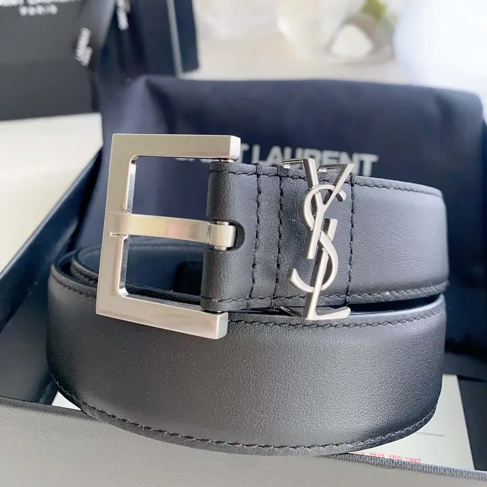 Saint Laurent YSL Cassandre Thin Belt with Square Buckle in Smooth Leather for Women