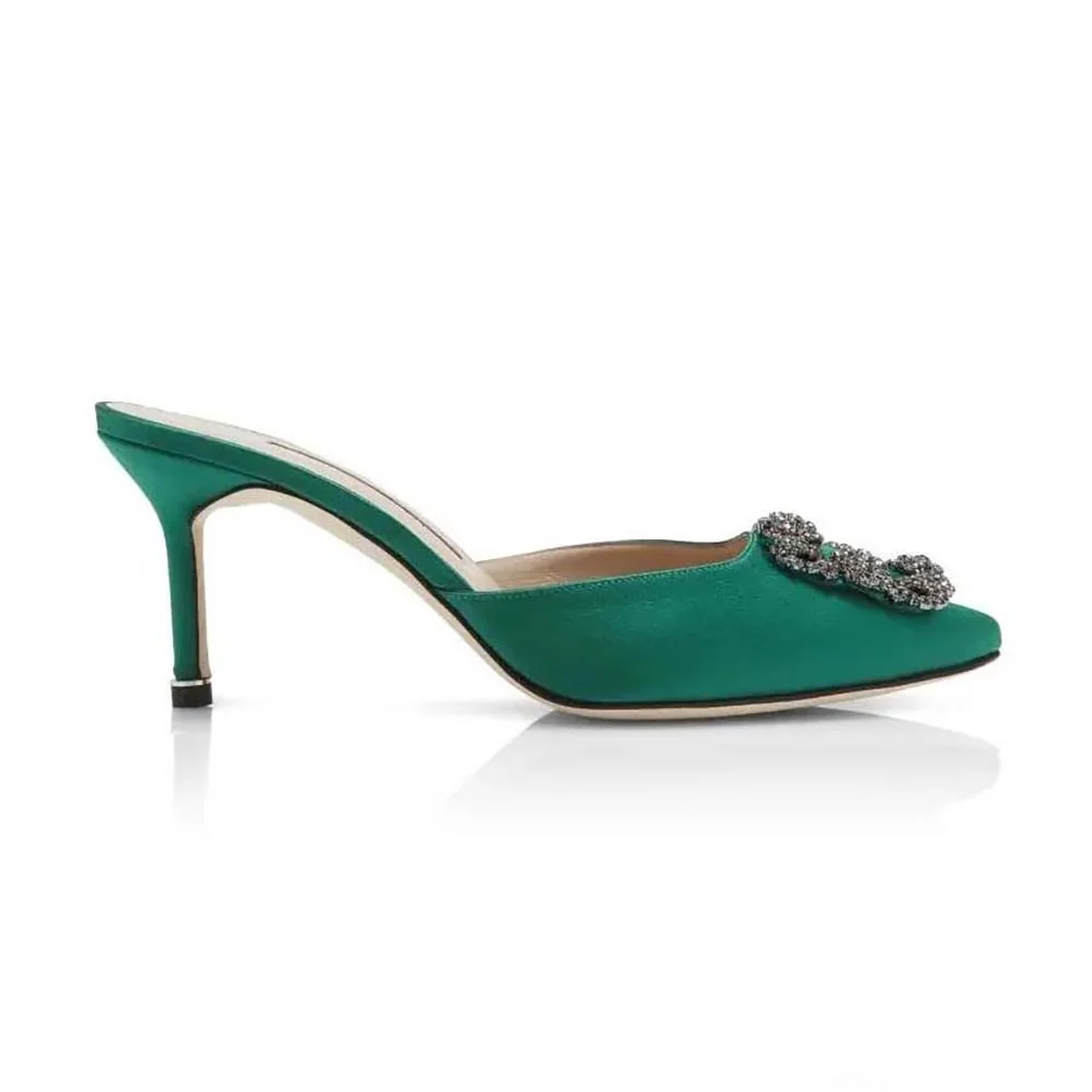 Manolo Blahnik Green Satin Jewel Buckle Mules for Women Manolo Blahnik Green Satin Jewel Buckle Mules for Women
